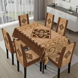 5/7-piece 2D Flat Printing Brown Gold Pattern Diamond Decoration Printing Pattern Tablecloth and Chair Cover Set, for dining table and chair decoration, perfect for home, holiday gatherings, restaurants, and parties.
