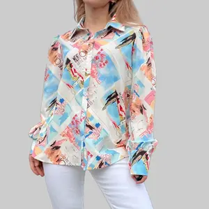 Women's Button Down Printed Lantern Long Sleeve Blouse Chic Collared Fitted Casual Tops Soft Fabric Feminine Patterned Blouse for Work Office Vacation Thin Spring