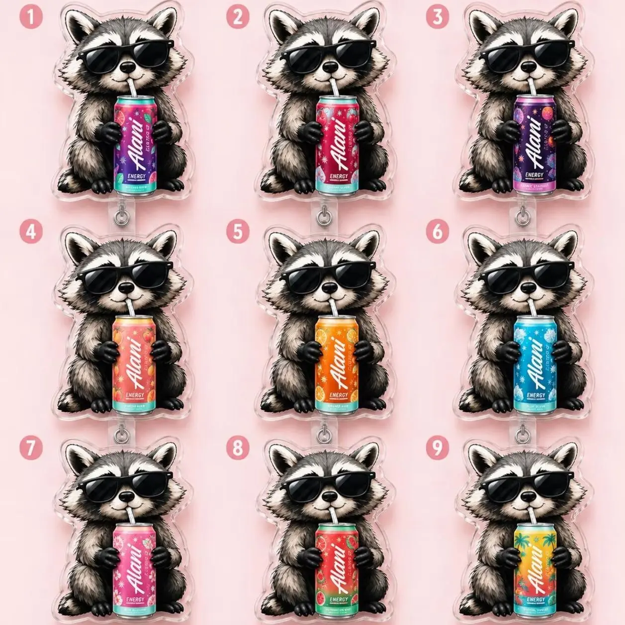 9 ops (not combo 9) Raccoon Soda Lover Badge Reel, Funny Raccoon Drinking ID Holder