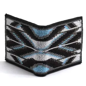 Handmade beaded Native American style genuine leather Men's bifold Wallet/purse - Black White Gray