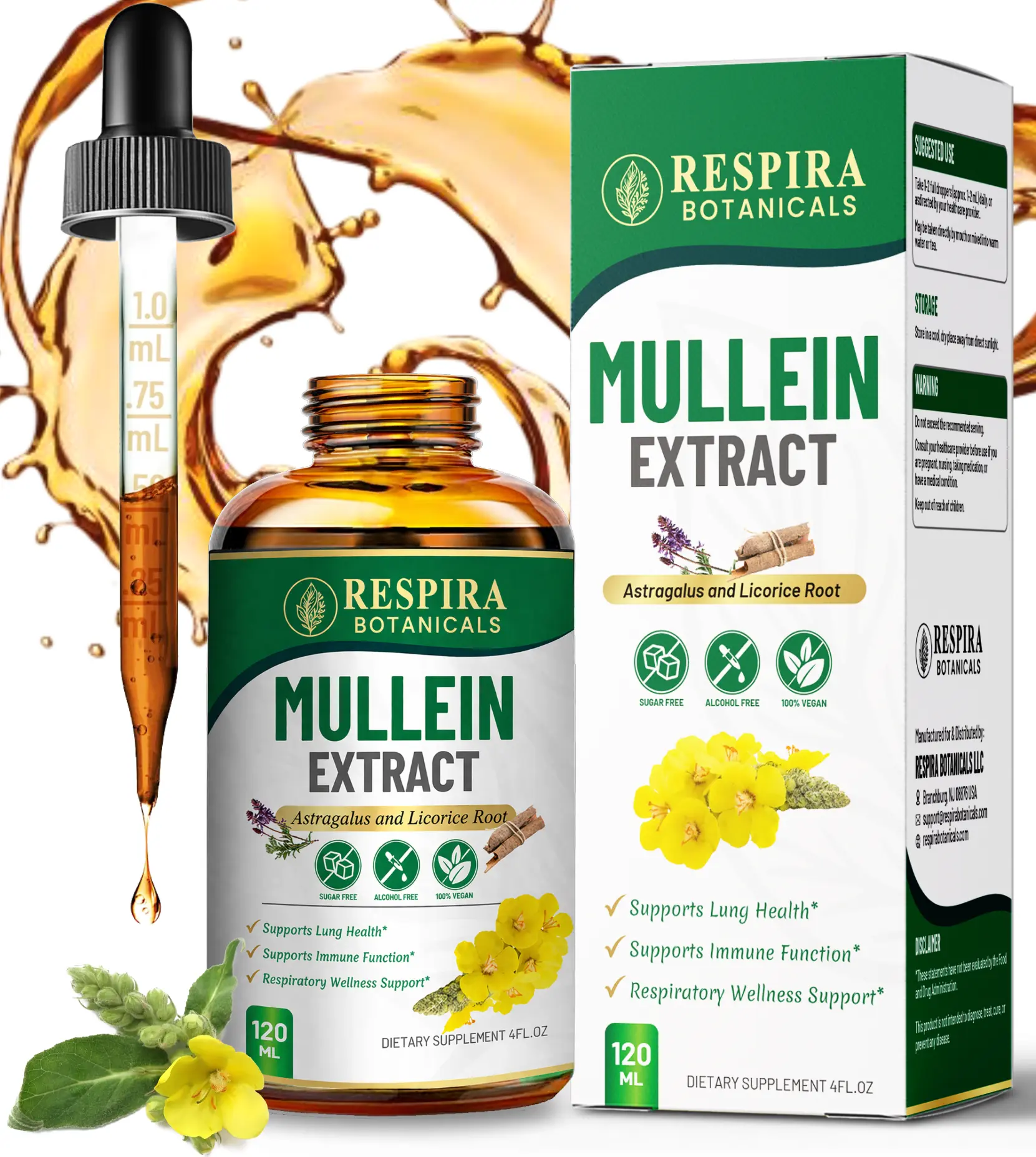 Mullein Leaf Extract - Lung & Respiratory Support | 3-Herb Enhanced Liquid Drops (4 Fl Oz)