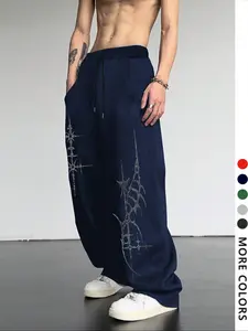 Men's Casual Sporty Long Pants, Cross Pattern Print Sweatpants, Athleisure Pants, Drawstring Wide Leg Loose Fit, All Season Men's Clothing, Casual Sportswear Pants, Athletic Casual Trousers