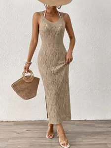 Chic V-Neck Hollow-Out Knitted Long Dress Slim Fit Sleeveless Bodycon Maxi Dress Must-Have For Party Dating Holiday Women