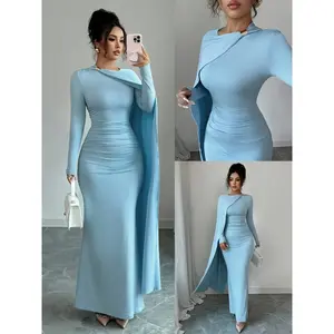 Women's Spring Autumn New Elegant Style Sky Blue Versatile Wrap Waist Pleated Knit Long Sleeve Maxi Formal Party Dress