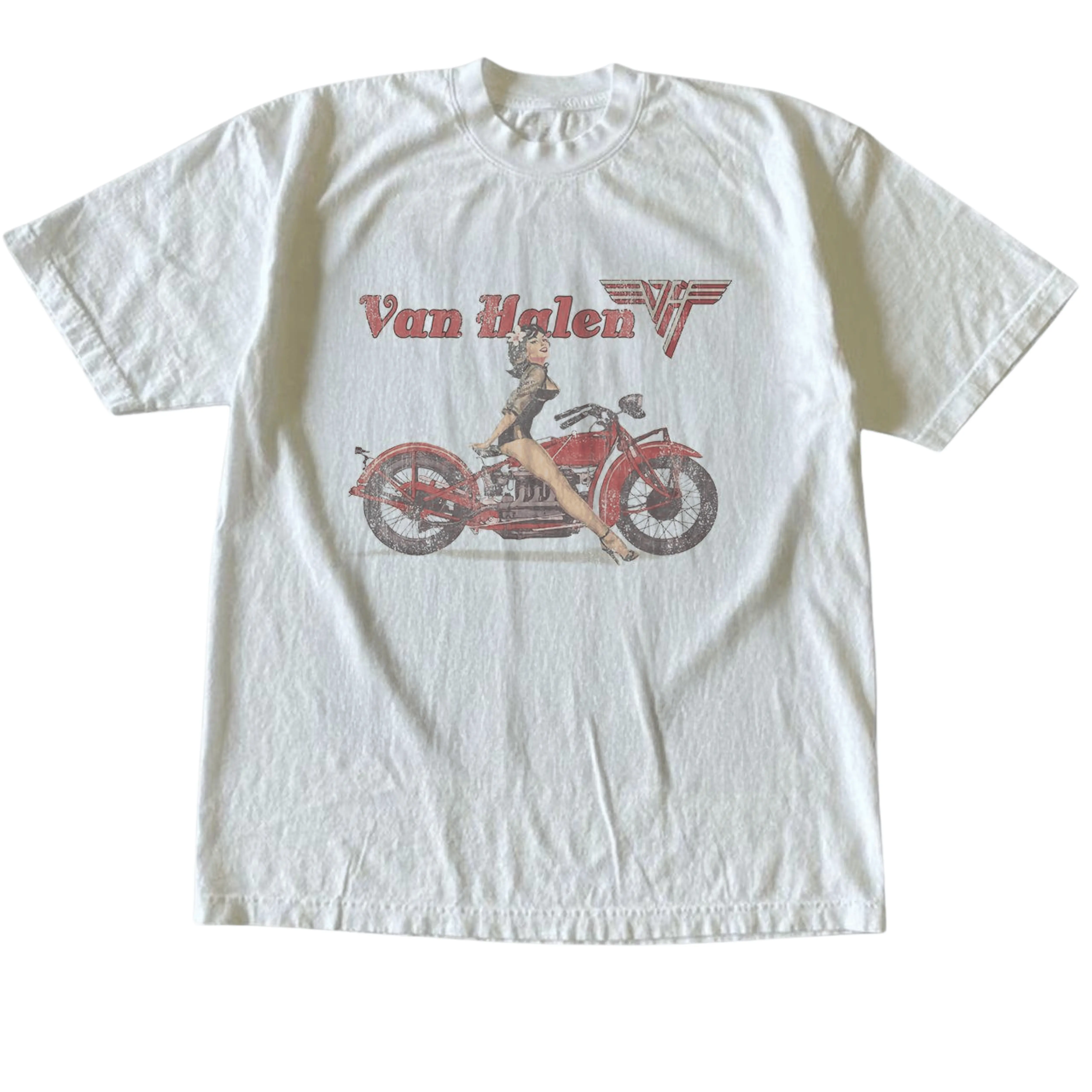 Gildan Men's and Women's T-Shirt, Vintage Style Van Halen Biker Pin Up Graphic Tee, Unisex Casual Top, Hard Rock Band Fan Shirt, Retro Motorcycle Biker Lover Apparel, Matching Couples Outfits, Unique Birthday Present, Premium Cotton