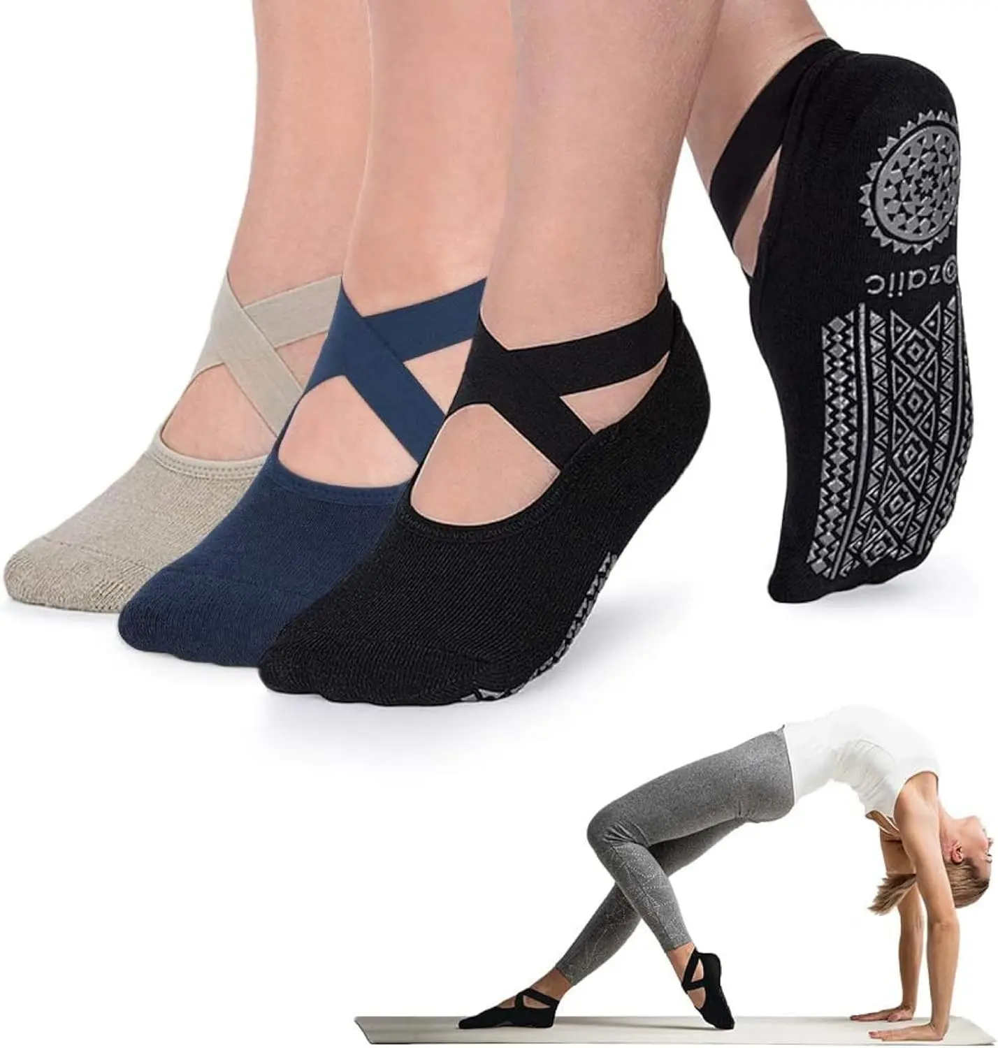 Ozaiic Pilates Socks for Women Non Slip Grip Yoga Barefoot Indoor Workout| Breathable cotton grippy sock, slipper sticky socks, one size fits women for barre, ballet, dance, hospital, home