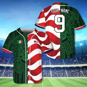 Personalized Mexico USA Baseball Jersey, Custom Name Number Mexican American Flag Shirt with Aztec Inspired Pattern for Game Day Gift