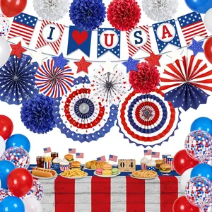 35Pcs 4th of July Decorations, Patriotic Decor Red White Blue Paper Fans USA Flag Banner Pom Poms Fourth of July Star Garland Balloons and Tablecloth,Independence Memorial Day Party Accessories