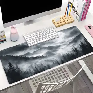 Black and White Night Mountain Forest XXL Gaming Mouse Pad, Monochrome Nature Design Large Desk Mat,  Non-Slip Rubber Base Stitched Lock Edge Desk Mat, Durable Computer Accessory for Home Office & Gaming Setup, Perfect Gift for Gamers & Gaming Fans Boy