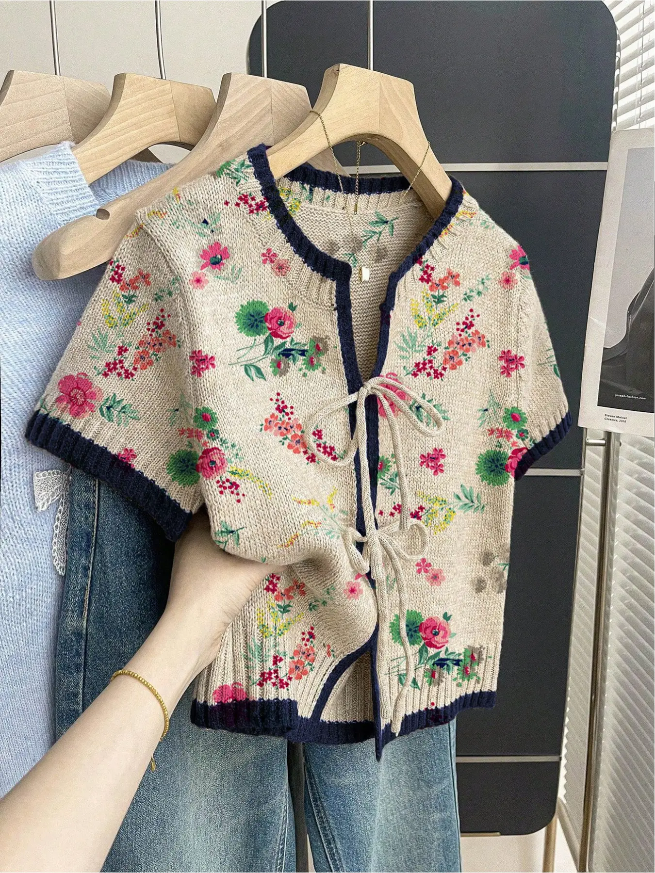 Women's khaki bohemian vacation short-sleeve floral knit top, Boho Clothing, Loose round neck, contrast flower cluster and polka dot print, front tie and contrast piping, Comfortable for spring & summer casual wear