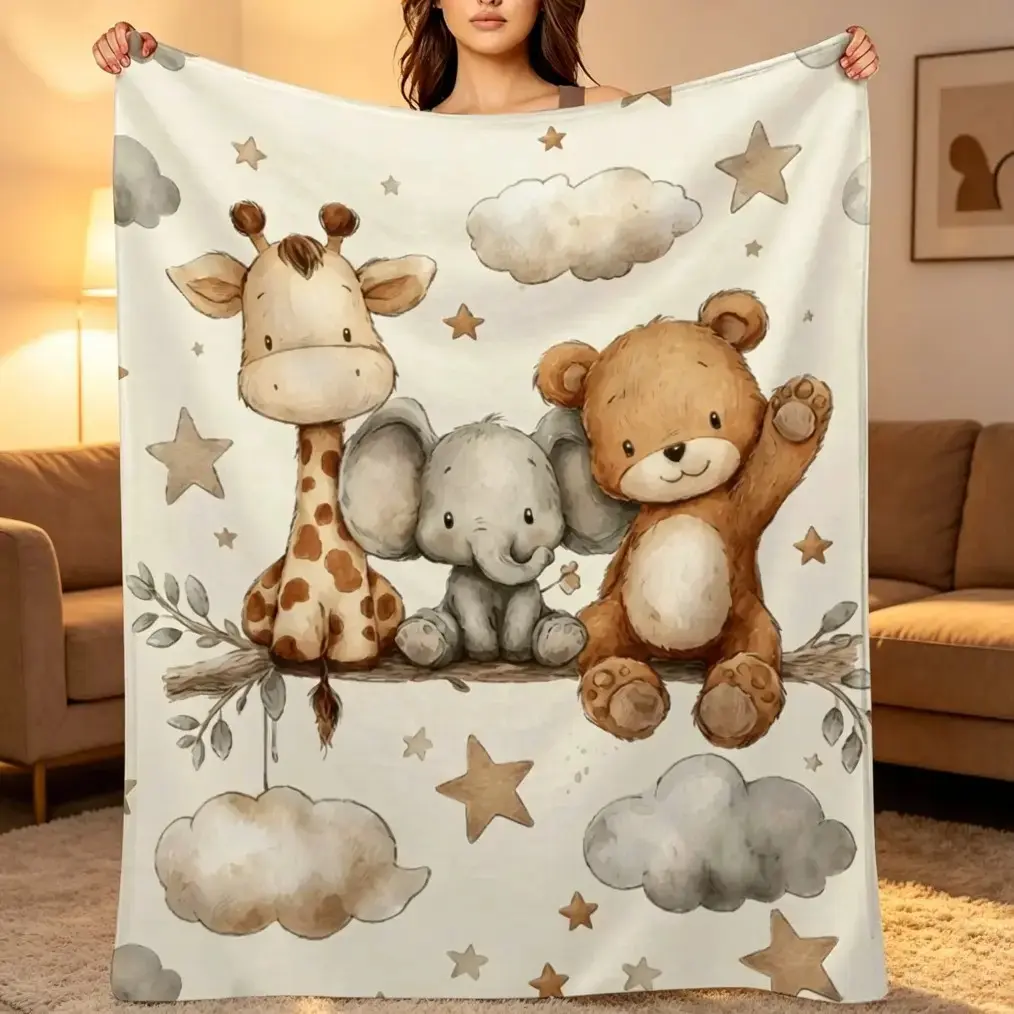 Watercolor Animal Print Baby Blanket｜Soft Neutral Newborn Crib Throw, Giraffe Elephant Teddy Bear Nursery Decor, Machine Washable