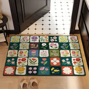Bohemian Flower Grid Diatomite Bath Mat, Absorbent Non-Slip Floor Mat for Entryway, Colorful Floral Household Textile Decor