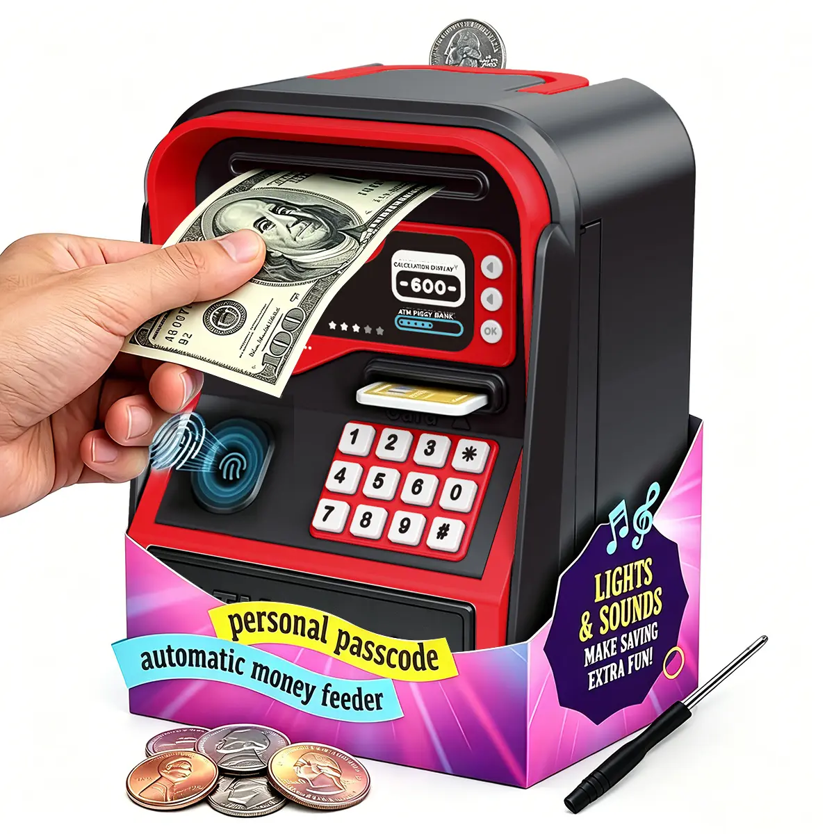 2026 New Electronic ATM Piggy Bank For Kids And Adults, Password Protected Coin And Cash Bank With Auto Grab Bill Slot, Large Capacity Money Saving Box Fits All US Coins, Interactive Savings Toy For Boys Girls Birthday Back To School Gift Style