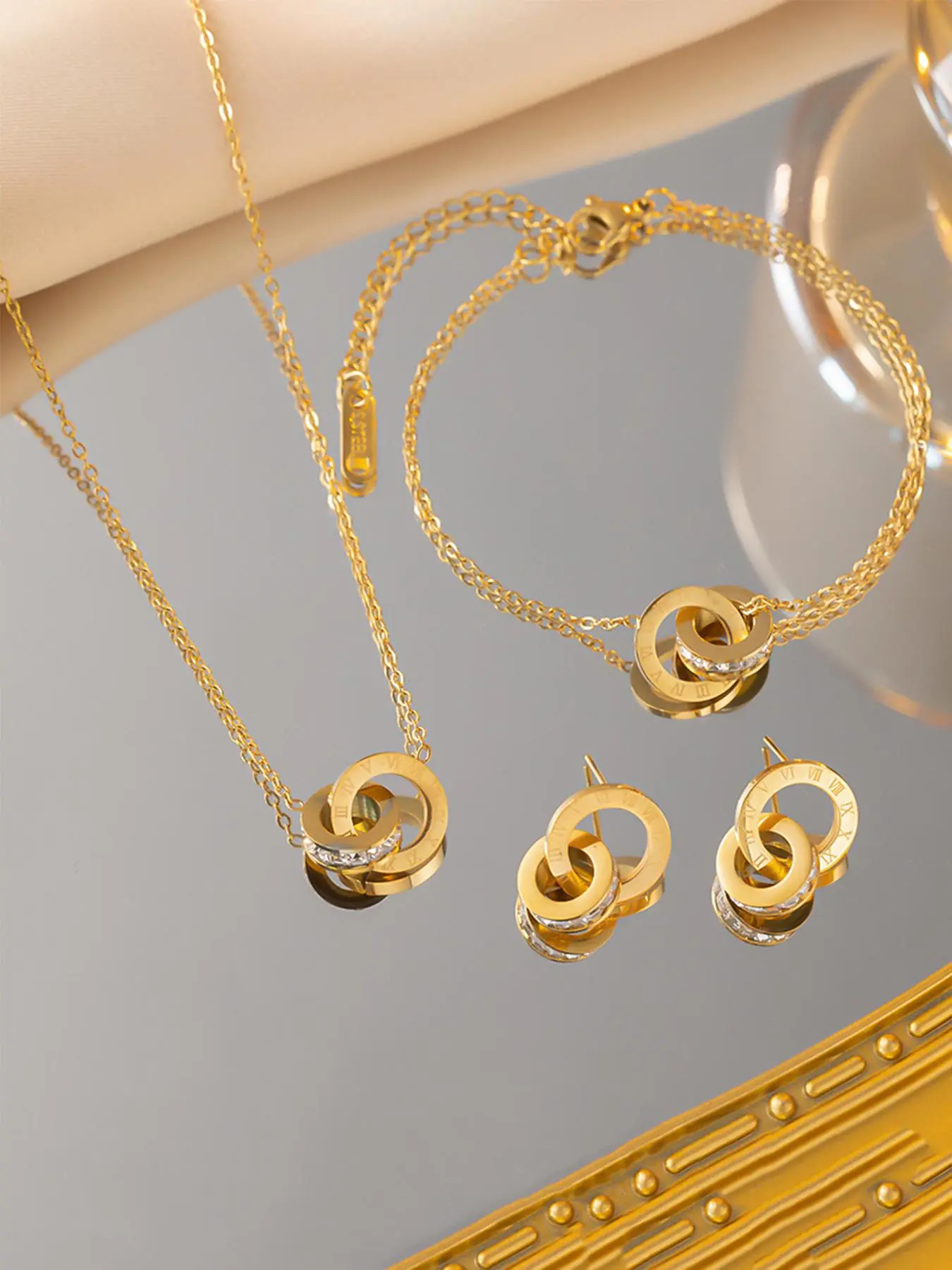 Roman Numerals Double Ring Inset Rhinestone Necklace Bracelet Earrings Combination Set, Light Luxury Clavicle Chain Fashion Jewelry Sets Glamour Set Accessories, Trendy Jewelry Set Jewellery Gift Set Accessory Set, Fashionable Jewelry Set
