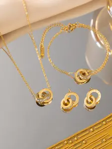 Roman Numerals Double Ring Inset Rhinestone Necklace Bracelet Earrings Combination Set, Light Luxury Clavicle Chain Fashion Jewelry Sets Glamour Set Accessories