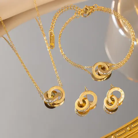 Roman Numerals Double Ring Inset Rhinestone Necklace Bracelet Earrings Combination Set, Light Luxury Clavicle Chain Fashion Jewelry Sets Glamour Set Accessories, Trendy Jewelry Set Jewellery Gift Set Accessory Set, Fashionable Jewelry Set