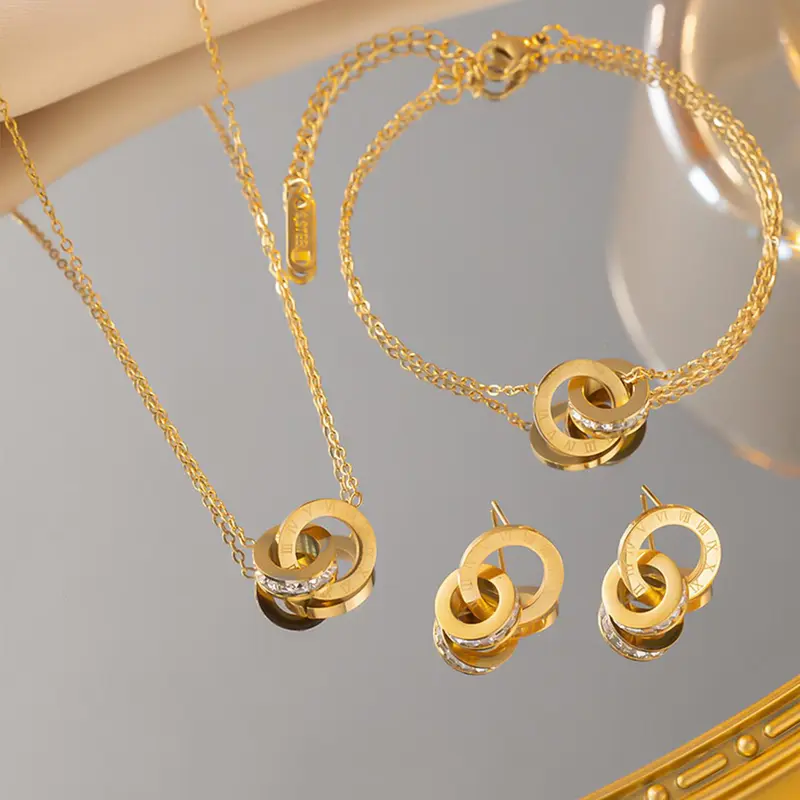 Roman Numerals Double Ring Inset Rhinestone Necklace Bracelet Earrings Combination Set, Light Luxury Clavicle Chain Fashion Jewelry Sets Glamour Set Accessories, Trendy Jewelry Set Jewellery Gift Set Accessory Set, Fashionable Jewelry Set
