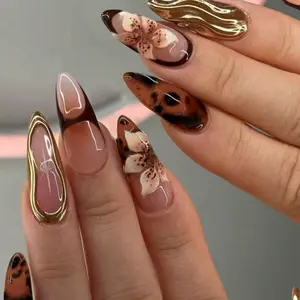 24 Piece Medium Length Almond Style Press On Nails Set with 3-D Design and Flowers - Customizable Fit, ABS Plastic Nails, Easy Application - Manicure, Cutics, Comfort