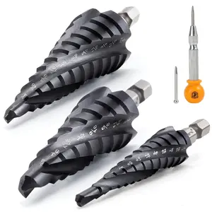 MulWark 1/8" - 7/8" Cobalt Step Drill Bit Set, 3-piece, with Automatic Center Punch, Titanium Nitride Coated, Hex Shank for Metal & Stainless Steel