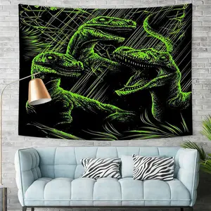 Neon Green Velociraptor Digital Print Tapestry, Fierce Dinosaur Wall Hanging, Gritty Jungle Aesthetic Home Decor, Unique Wall Tapestry for Bedroom and Living Room, Eye-Catching Prehistoric Wall Art, Perfect for Dinosaur Lovers and Fans