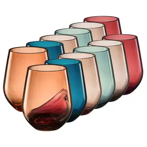Khen European Style Shatterproof Tritan Stemless Wine Glasses Acrylic Glass Drinkware Unbreakable Colored 12- Set - BPA-free plastic Reusable Dishwasher Safe All Purpose Glassware 15oz - Muted
