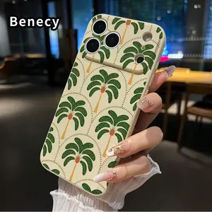 Palm Tree Symphony Pattern Straight Edge Phone Case for iPhone 17 15 16 14 Pro Max 13 12 11 XR XS Plus Air E Shockproof Drop Protection Rugged Durable Liquid Silicone Cover Cellphone Protective