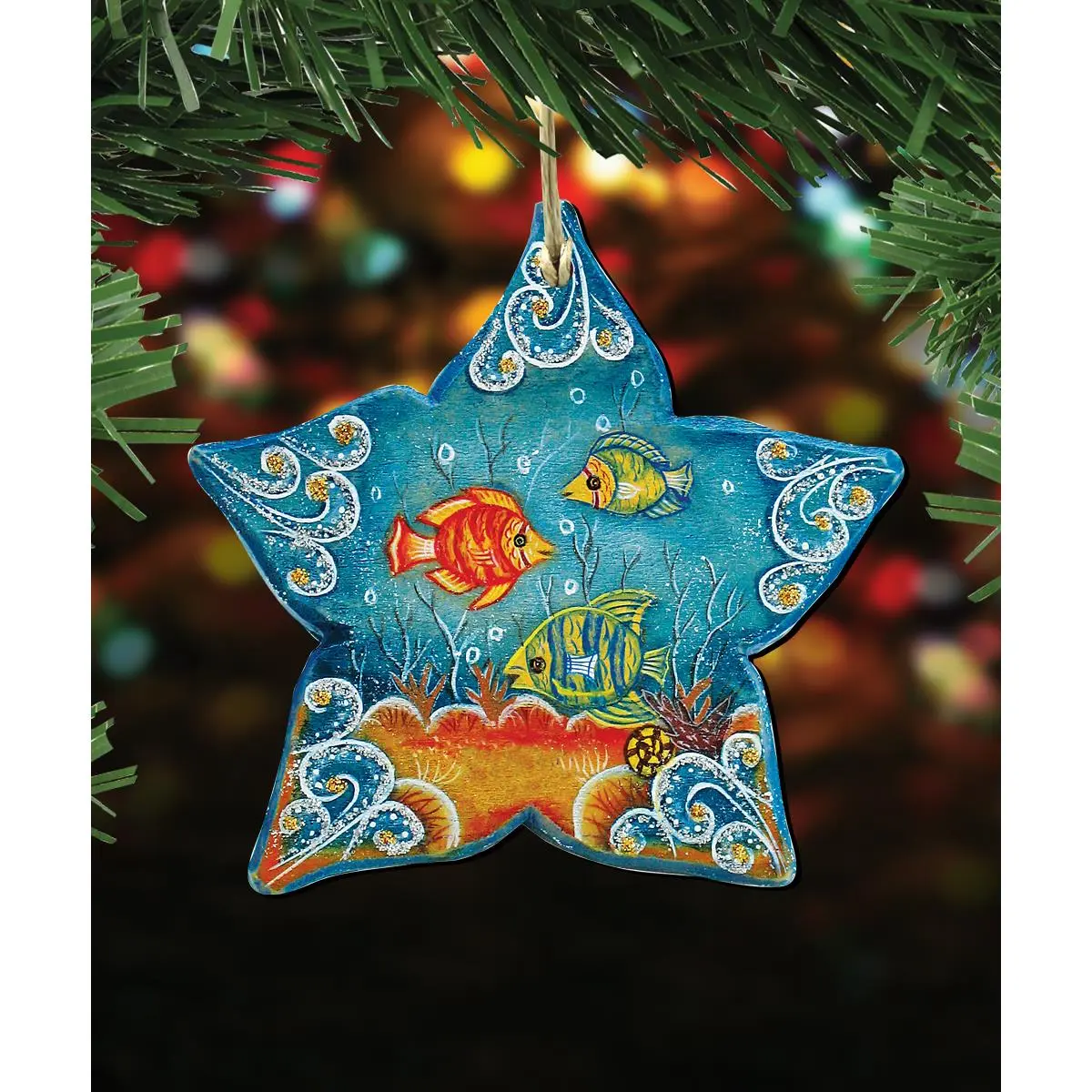 G.DeBrekht 8126151 Handcrafted Wooden Star-Fish Christmas Ornament Set of 2, Fish Motif Nautical Christmas Decor, Festive Home Gift Decoration