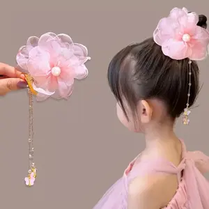 New Cute Flower Long Chain Fringe Hair Clip for Girls, Organza Floral Hair Claw Clips, Adorable Headwear Accessories