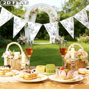 2D FLAT 1 Set 9 Pcs Blue White Vintage Floral Hanging Ornaments Polyester Pennant Garland, 13x18cm/5.1x7.1 Inch Wedding Garland Triangle Banner for Wedding Bridal Shower Outdoor Decor, Photo Booth Props Signs Garland Bridal Shower Decoration