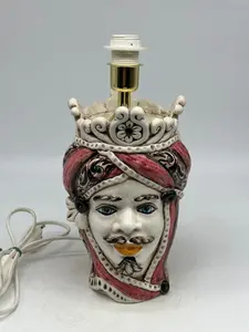 END OF SERIES - Moor's Head Lamp Moorish Man Caltagirone Ceramic H.22 W.13 cm Handcrafted Pink Decoration