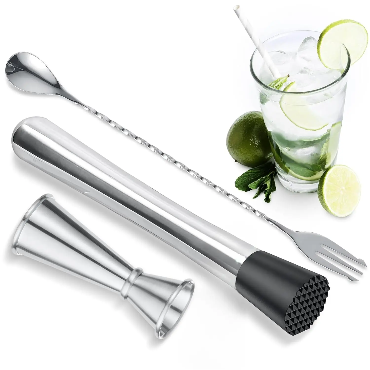 3Pcs Stainless Steel Cocktail Muddler Set - Home Improvement Bar Tool with 12.6" Long Muddler (1.3" Diameter Head), Versatile Spoon, Rustproof Jigger for Drink Bartending, Easy to Use & Clean