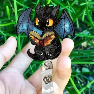 Cute Dragon Badge Reel, Fantasy Book Lover ID Holder, Black Dragon Reading Clip, Nurse Gift, Librarian Retractable Badge Reel