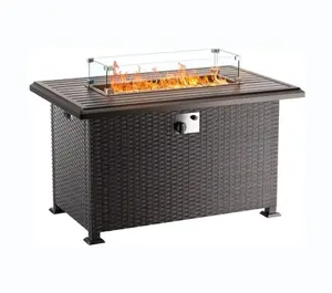 Outdoor Propane Gas Fire Pit Table 43'',50,000 BTU with Rectangular Tabletop,Auto-Ignition,Adjustable Flame,Glass Wind Guard,Brown PE Rattan & ETL Heater Patio