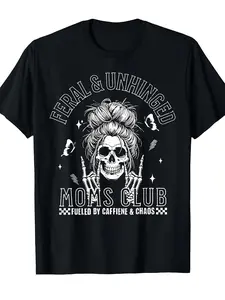Funny Feral & Unhinged Moms Club Graphic - Women's & Men's Soft Oversized Relaxed Fit Short Sleeve Tee with Coffee Cup & Skull Design, Feral Mom Slogan, Unisex Casual Casual AMen's Sports and Leisure Short Sleeved Shirt, Lightweight and Energetic Top