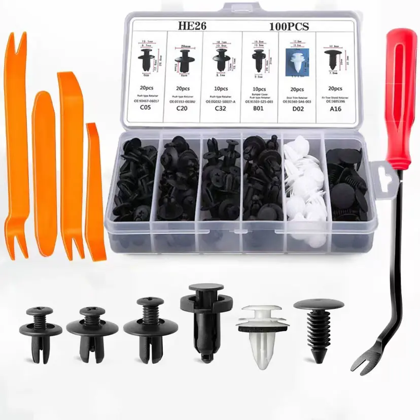HE26 Nylon Multi-Size Car Clip Retainers Tool Kit Set (100Pcs) - 5 Fastener Tools, Storage Case, Push Pin Trim Bumper Clips, Door Panel Pins for Automotive Interior Trim Repair, Emergency Use Multi-Purpose