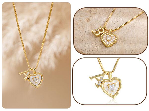 Tewiky Silver Box Chain Scalloped Shell Heart CZ Initial Necklace A–Z Micro Pave Letter Pendant For Valentine's Day gifts summerwins Elegant Necklace Custom Letters Necklace