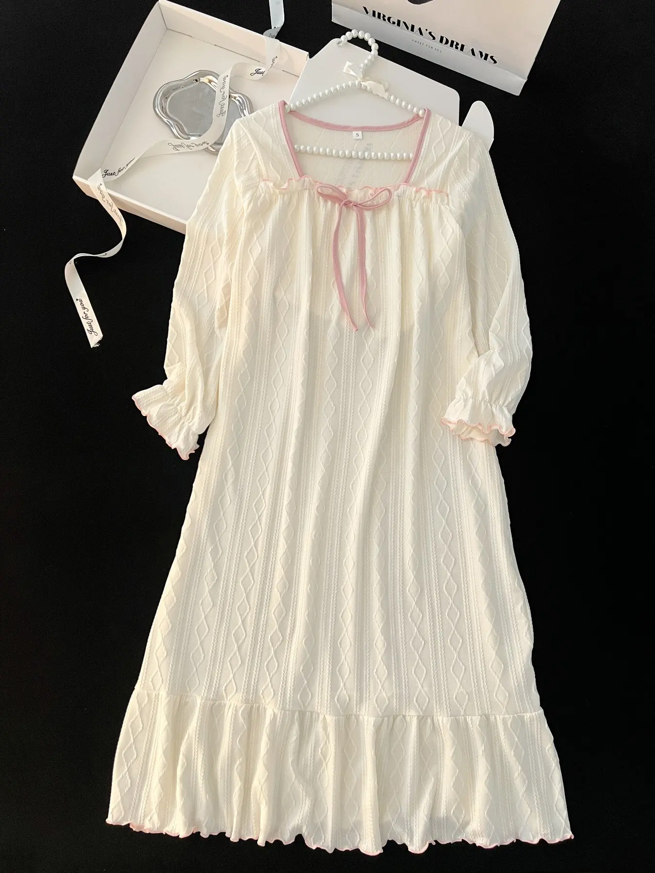 Sweet Home Casual Dress Nightwear Loungewear with Bow Tie Neckline, Long Sleeve Ruffle Hem, Fitted Design, Suitable for Wearable Comfort