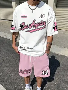 Street-style hip-hop-inspired white and green Los Angeles print T-shirt + shorts summer couples' athletic set