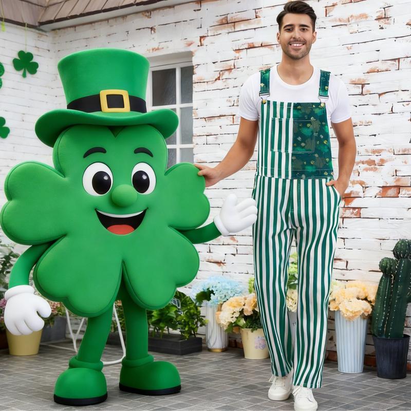 Yuanbang St Patrick's Day Overalls for Men Lucky Irish Romper Green Stripes Print Bib Stretch Denim Coveralls Adjustable Straps Jumpsuit Holiday Menswear Festival Beer Party Mardi Gras Outfits Dad Gifts Football Outwear