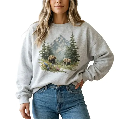 Retro Grizzly Bear Summer Wildflower Scene Crewneck Sweatshirt - 90s Bear Mountain Nature Gift