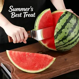 Stainless Steel Metal Watermelon Slicer Cutter, Sturdy Portable Vegetable Cutter with Ergonomic Handle, Quick Even Cutting Tool for Kitchen, Easy Safe Hanging Melon Chopper