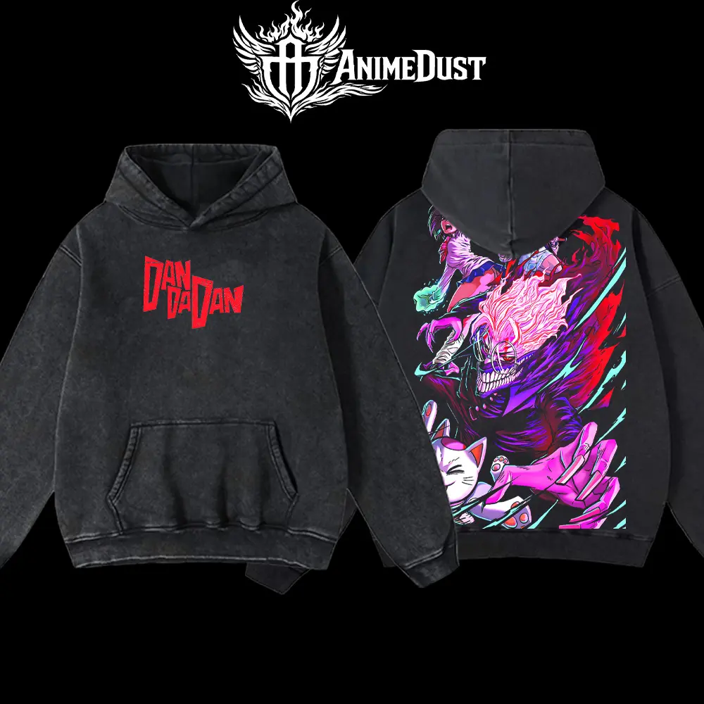 Dan Da Dan Oversized T-shirt, Vintage Acid Wash Anime Graphic Tee, Men's Seamless Cotton Fabric Streetwear Tops, Sweatshirts, Hoodie, Spandex, Pocket, Polyester, Style, Everyday, Unisex, Menswear, Classic