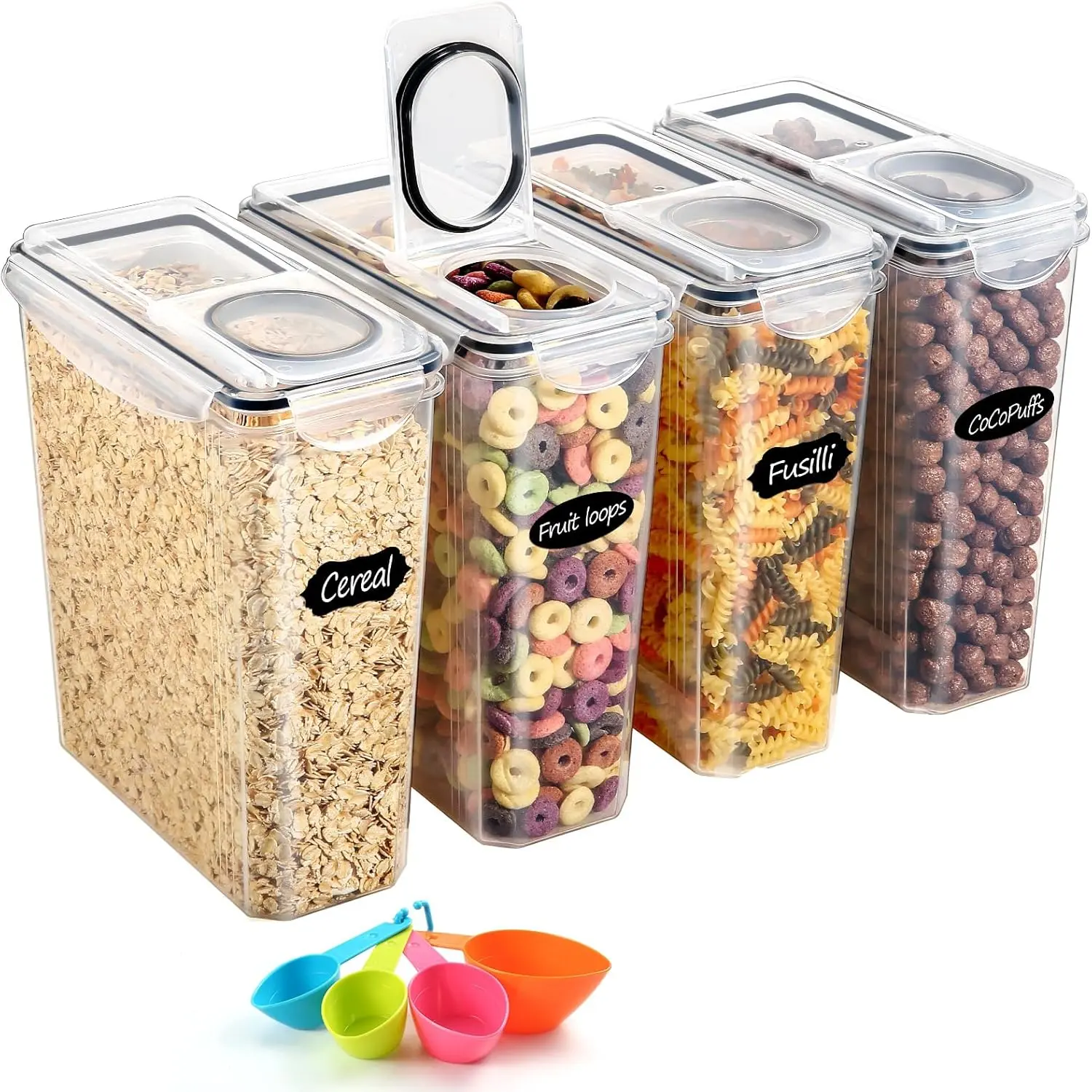 YASHE Set of 4 3.7 Liter Storage Jars, Sealed Storage Jars with Lids, BPA-Free Plastic Kitchen Storage Containers for Flour, Oats, Kitchen Storage Box with 16 Labels Stackable Fridge Fruit and Vegetable Organizers