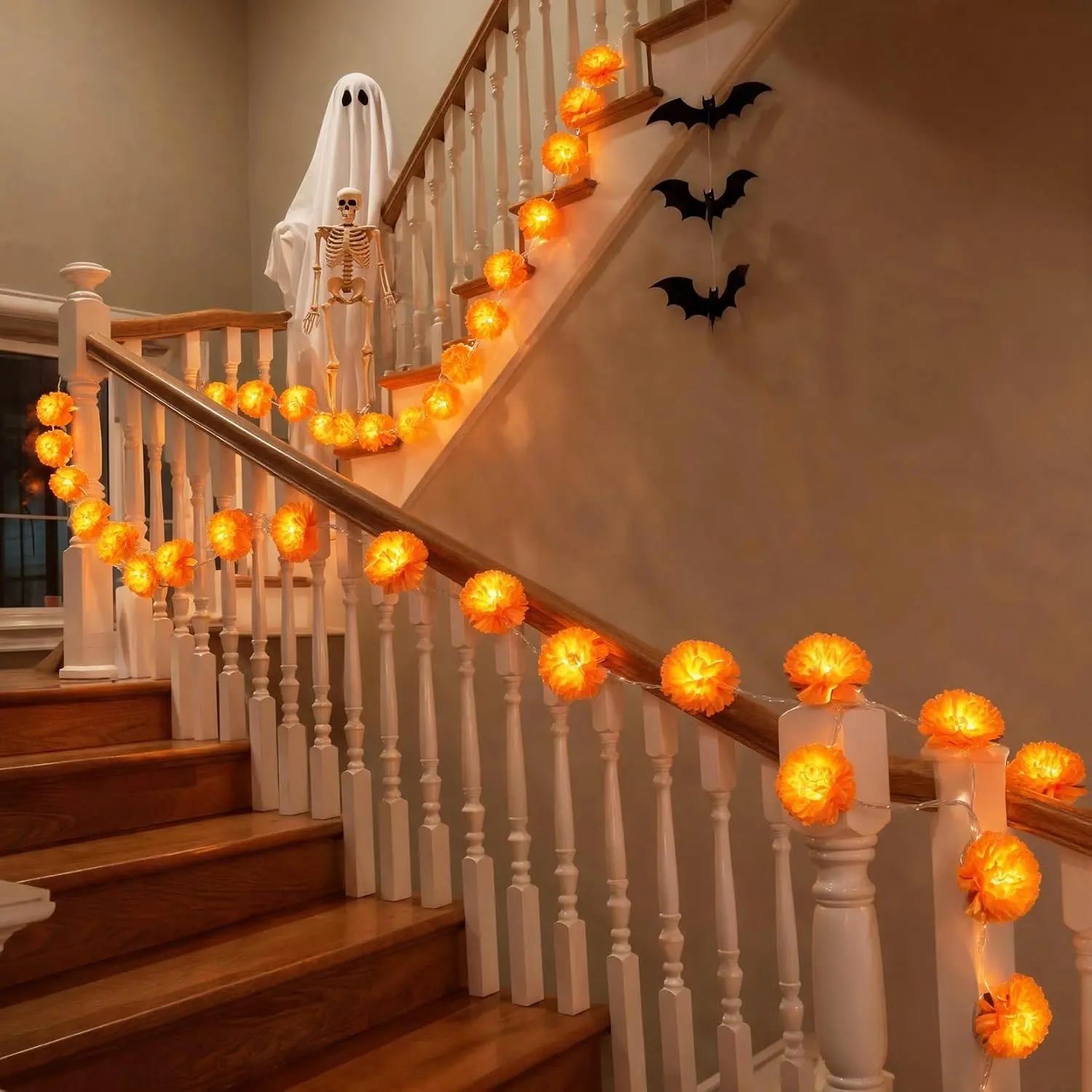 10Ft Battery-Operated LED Marigold Flower String Lights, 20-Flashing Artificial Cempasuchil Garland Ornaments, Orange Fairy Lights for Dia De Los Muertos Ofrenda Altar, Indoor Outdoor Festive Home Decor