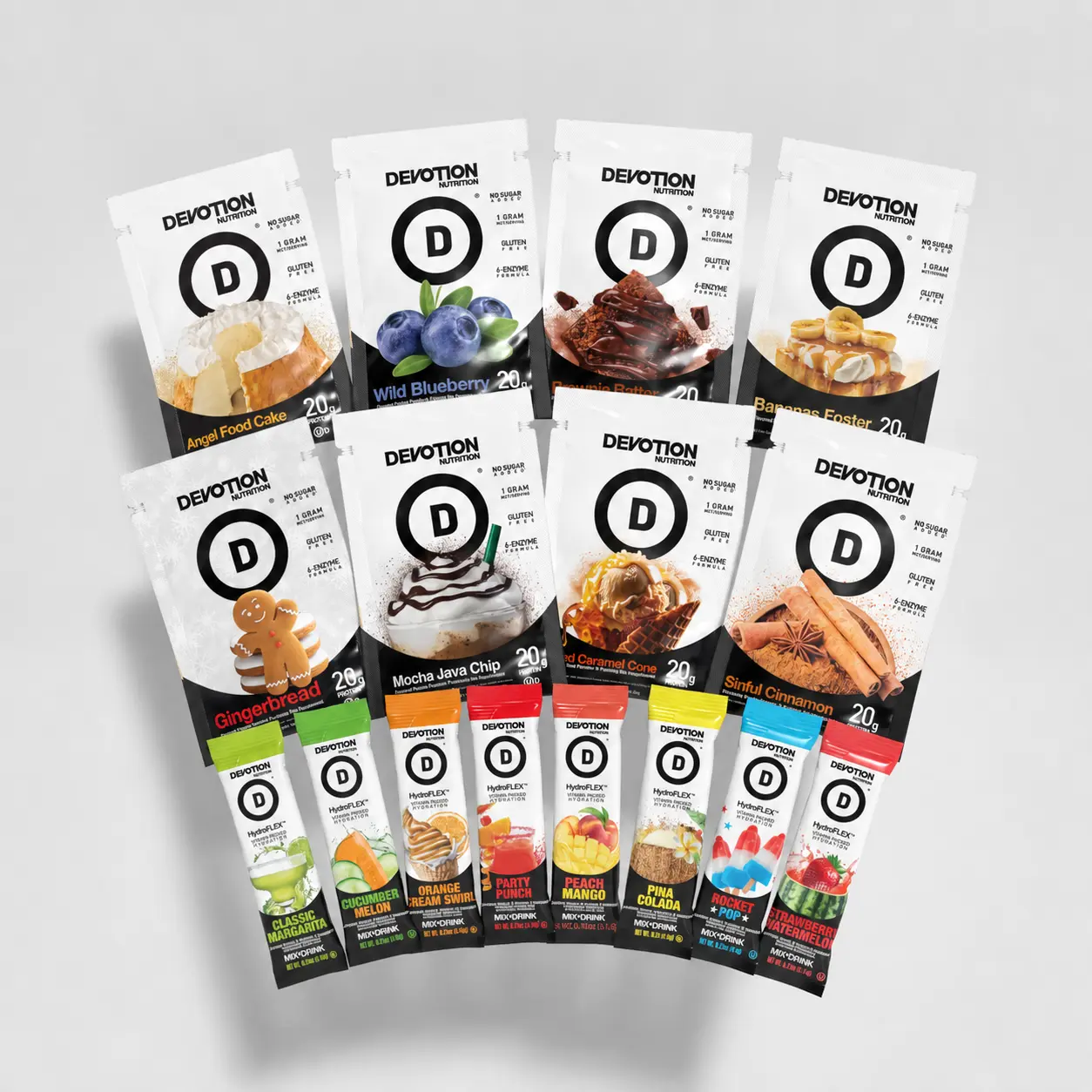 Devotion Nutrition - Totally Devoted Starter Pack, 8 Single-Serve Protein Powder Packets, 8 Hydroflex Hydration Stick Packs Devotion Nutrition - Totally Devoted Starter Pack, 8 Single-Serve Protein Powder Packets, 8 Hydroflex Hydration Stick Packs