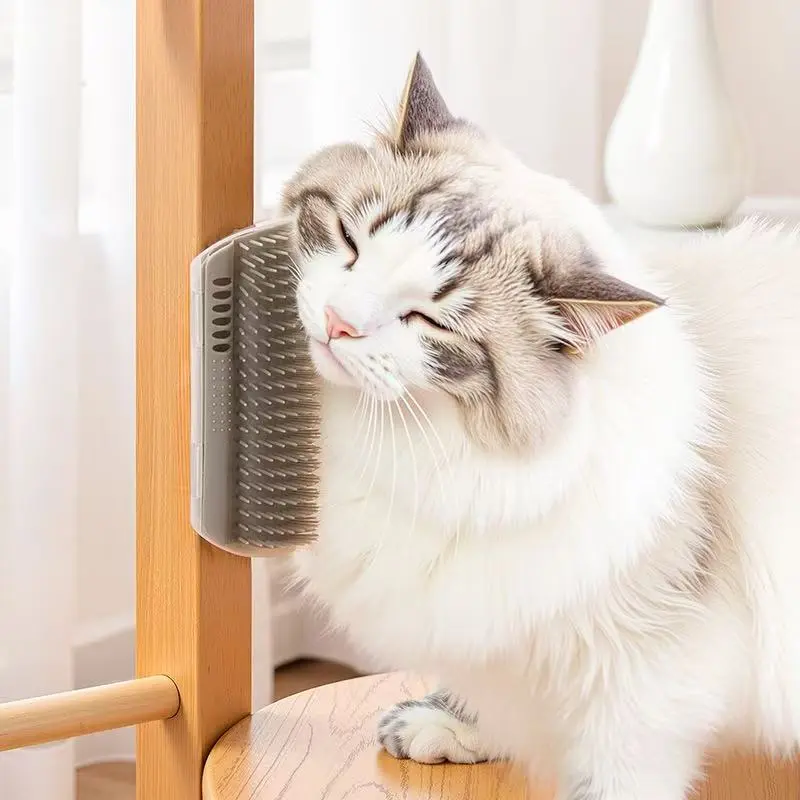 Cat Corner Self Groomer with Catnip - Polypropylene Wall-Mount Tool for Fur Removal, Itch Relief, Kitty Scratching & Grooming Accessory