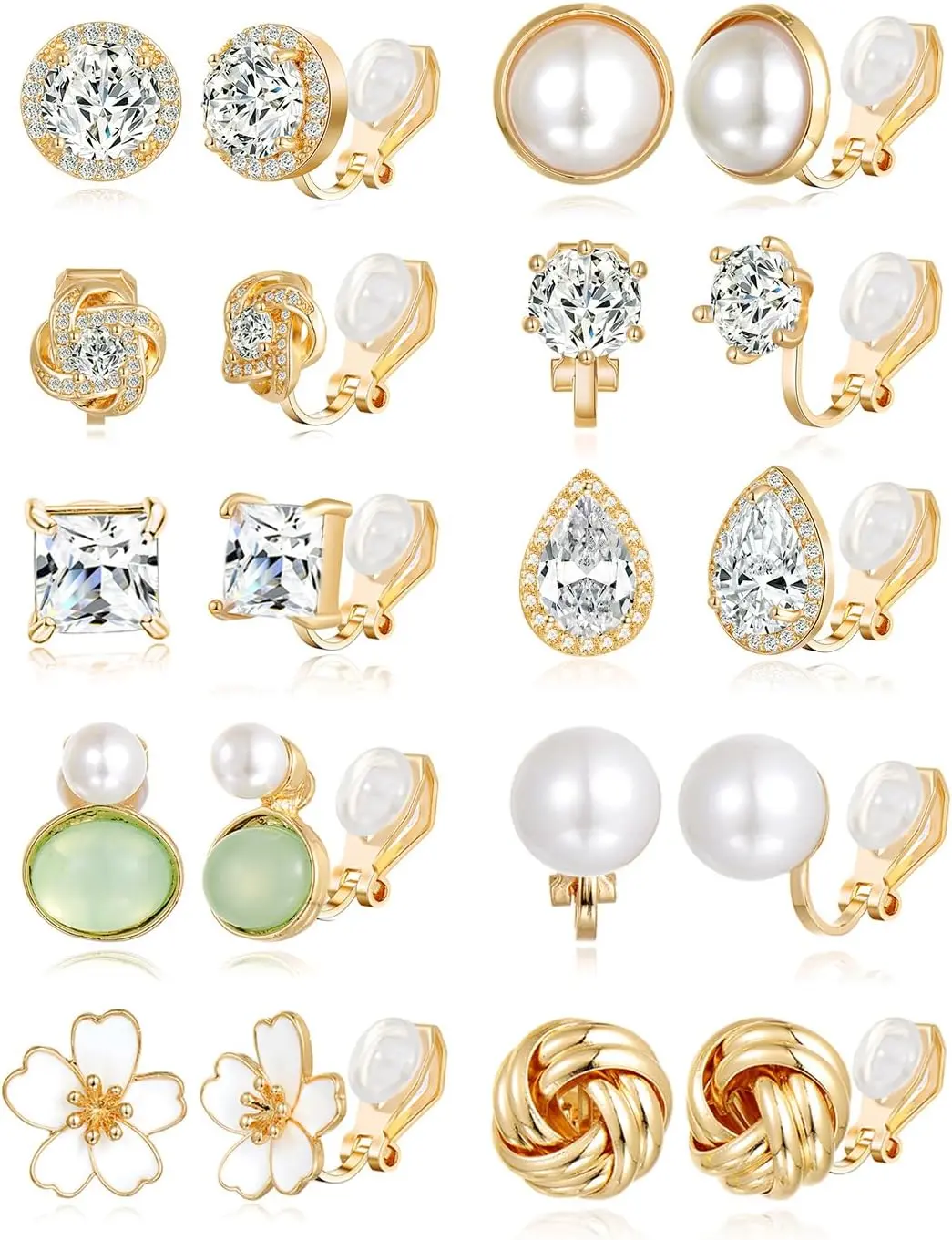 10-15 Pairs Clip on Stud Earrings Non Pierced Teardrop Round Square CZ  Twist Knot Flower Butterfly Heart  Rainbow  Opal Clip on Earrings for Women   Tone
