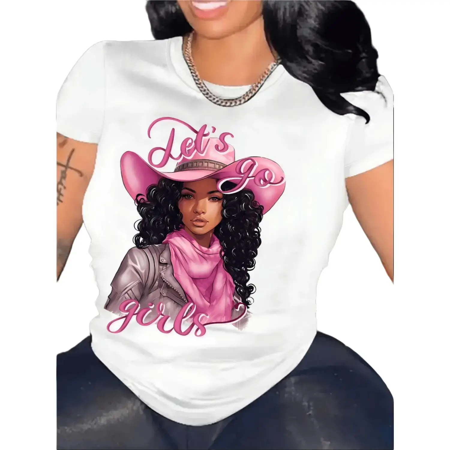 Women's "Let's Go Girls" Pink Western Hat & Bandana Graphic Tee - Breathable 100%, Short Sleeve Crew Neck Casual Top with Vibrant Print for Spring & Summer
