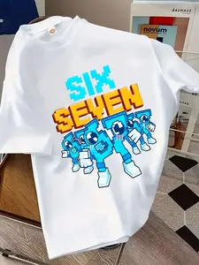 Summer Fashion Boy Casual Short Sleeve, Creative Lightning Blue 67 Number Pattern Design, Outdoor Wear, Cool Boys' Stylish T-Shirt