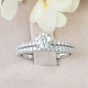 Janefashions 0.5ct Round Moissanite Engagement Ring Wedding Band Set 925 Sterling Silver Travel Bridal Rings Set M6937M